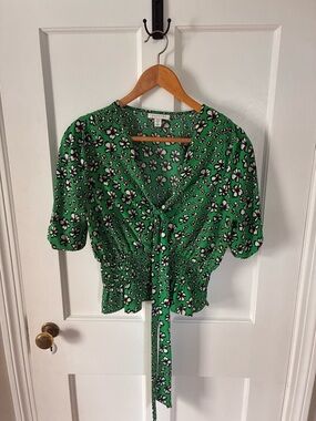 Topshop Green Floral Tie-Front Smocked Waist Blouse